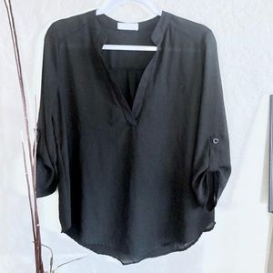 Lucid Pink Sheer Black button cuff split neck top